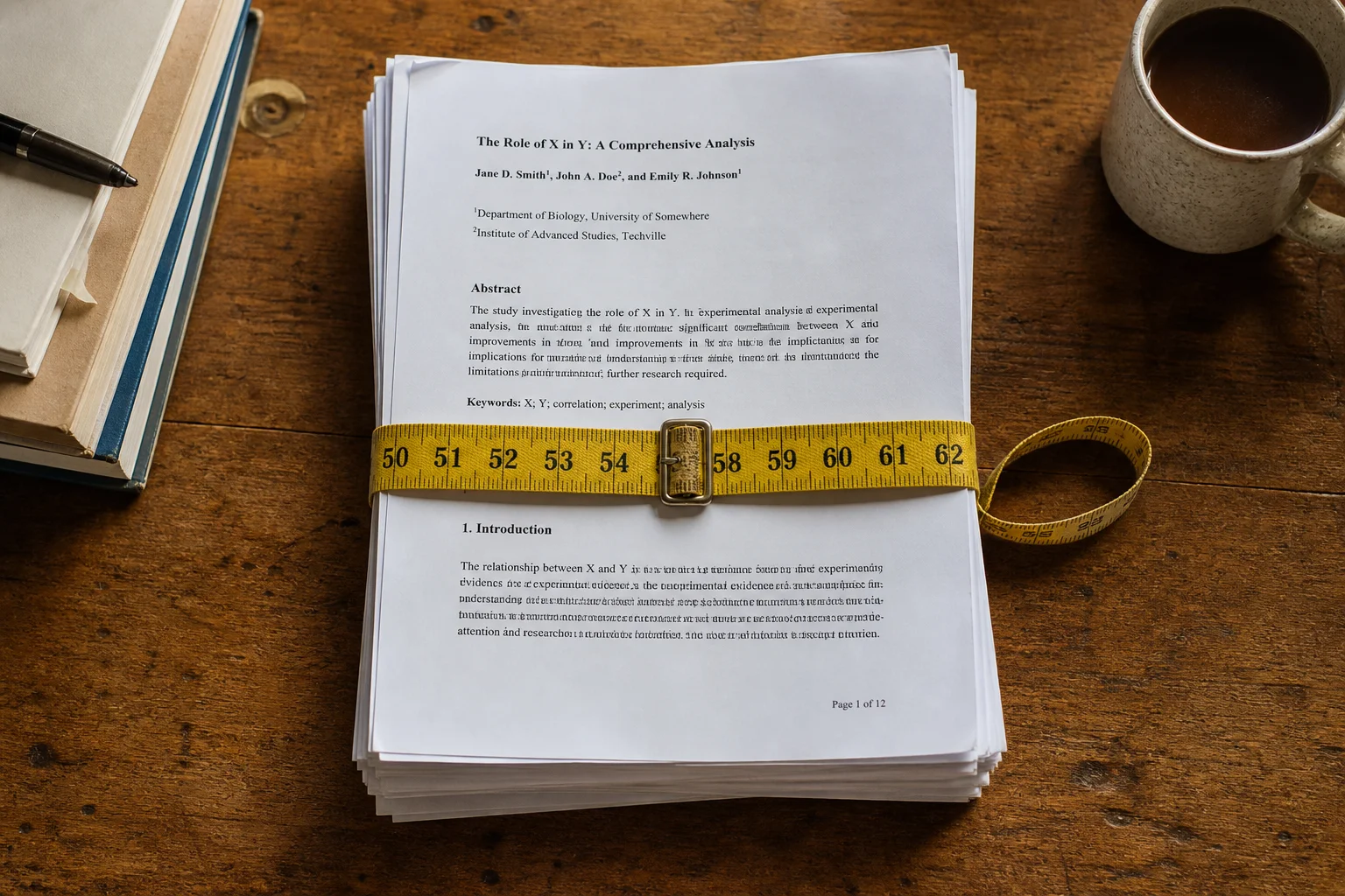 A measuring tape drawn tight around a stack of manuscript pages.