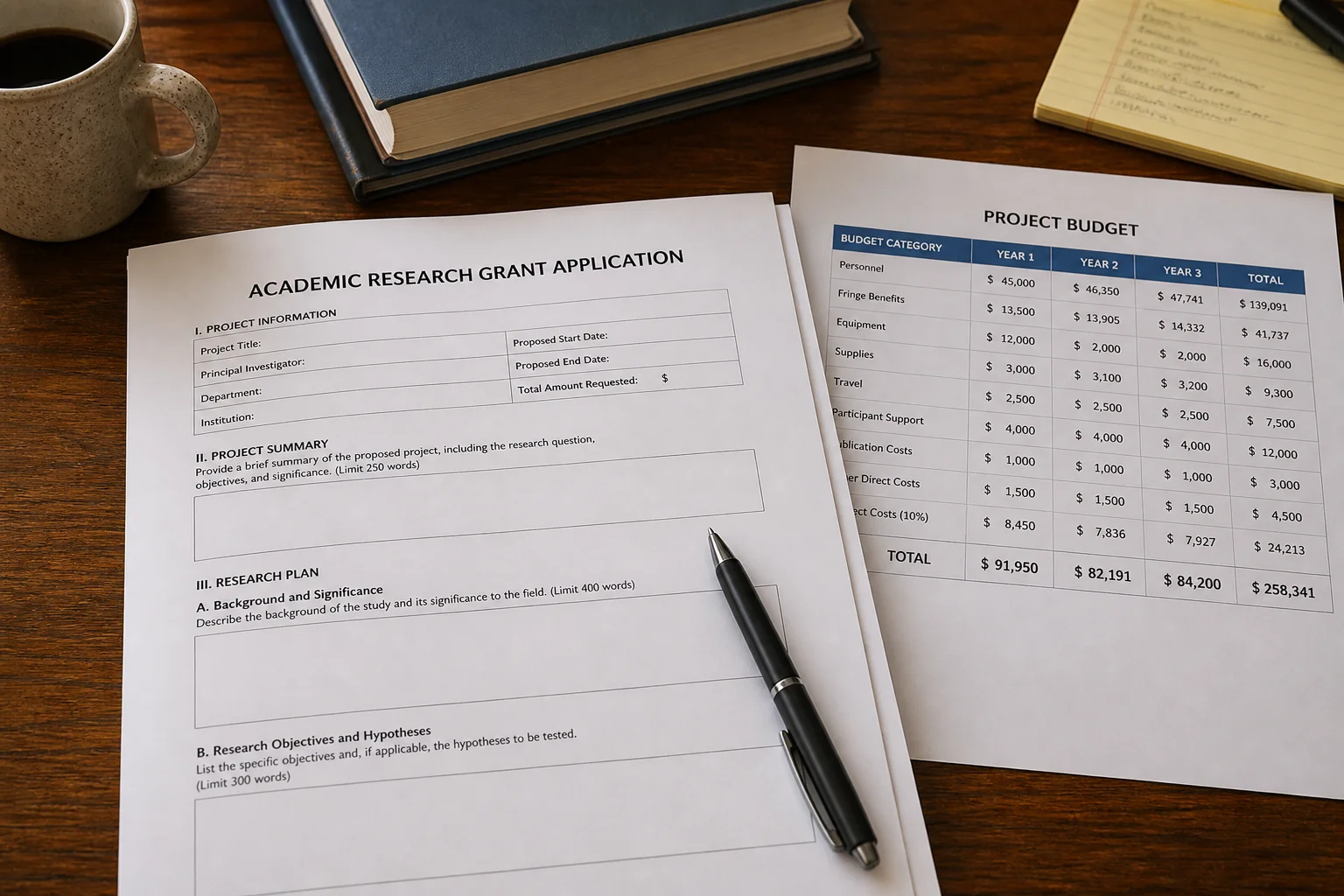 A grant application open on a desk beside a budget spreadsheet.