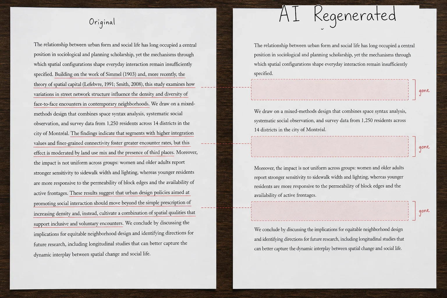 Two full manuscript pages side by side: passages underlined on the original line up with blank bands marked gone on the AI regenerated copy.