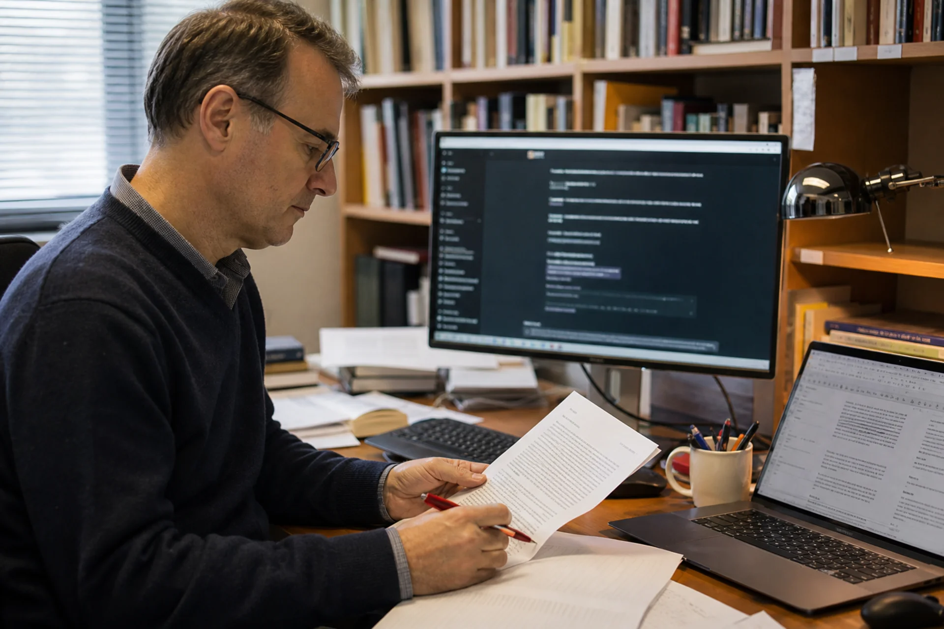 A person marking a printed draft with a red pen, screens open beside them.
