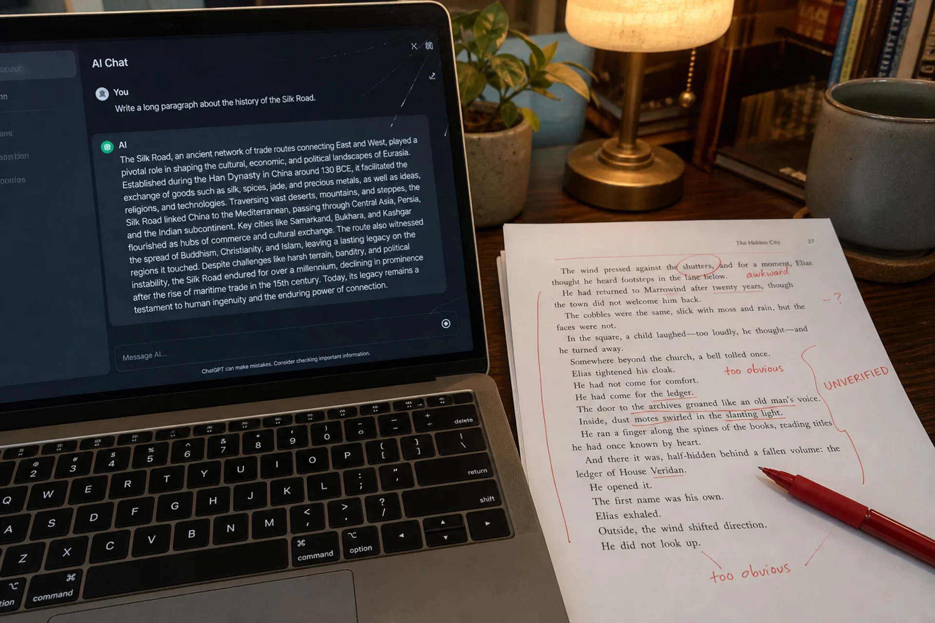 An AI chat on a laptop beside a printed manuscript marked UNVERIFIED in red.