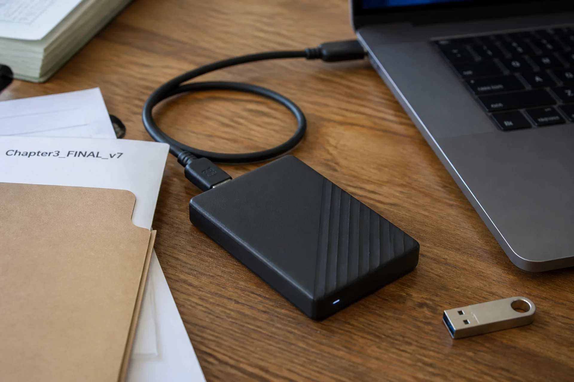 An external drive copying, labelled dissertation folders beside it.
