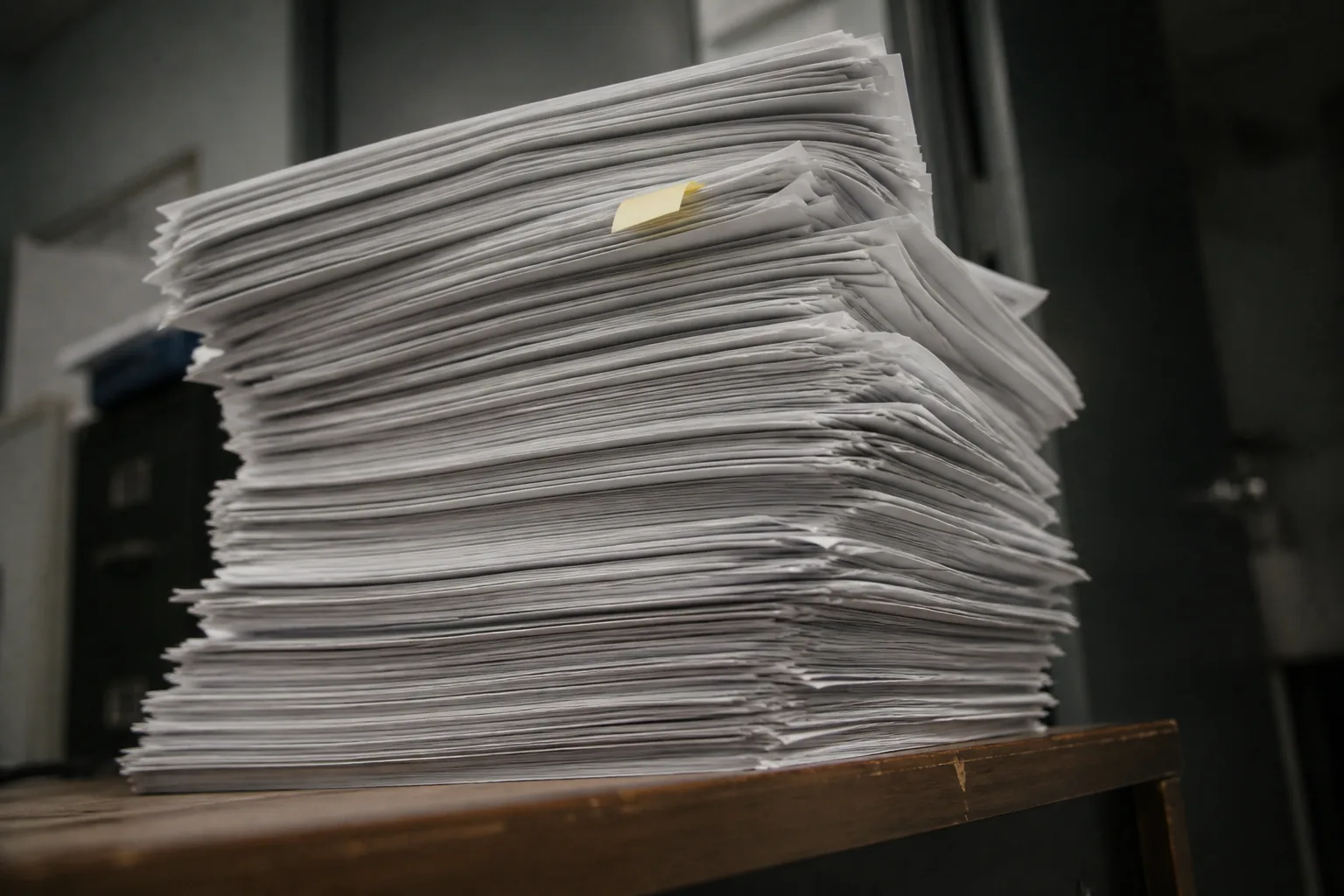 A tall stack of unbound manuscript pages with a sticky note on top.