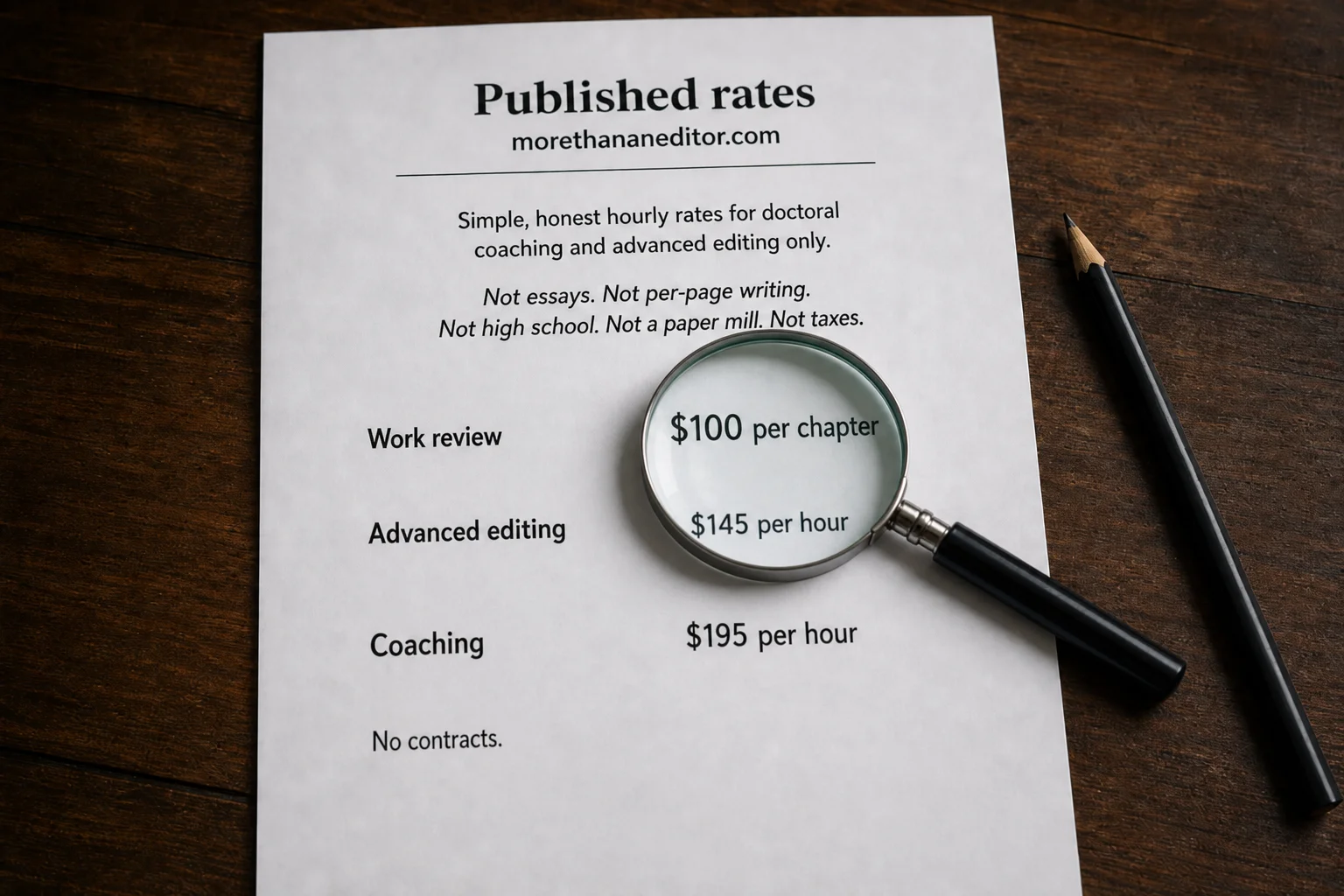 A printed rate card on a desk, Work review $100 per chapter enlarged under a magnifying glass.