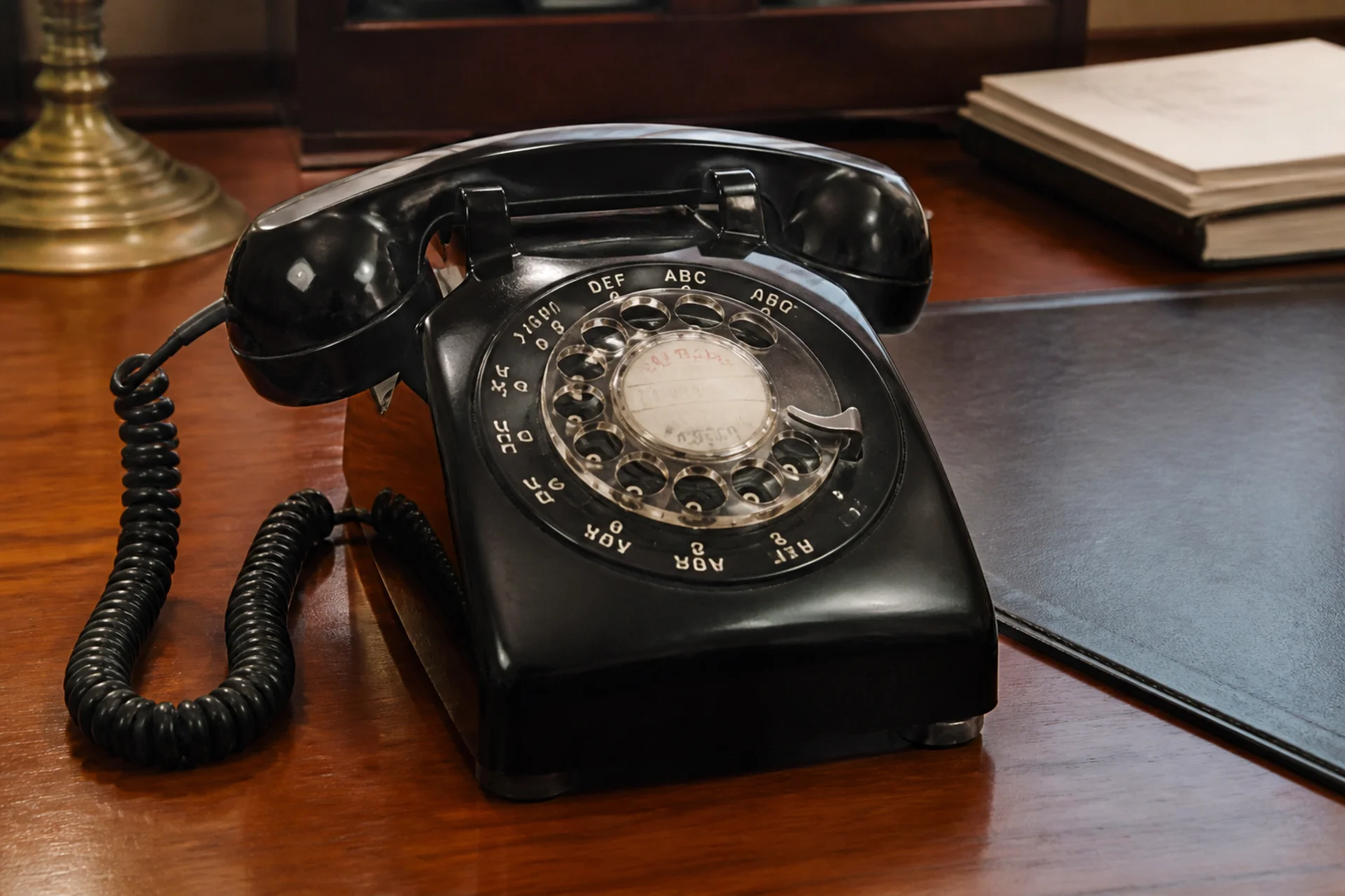 A classic black corded dial telephone on a desk, the handset within reach.