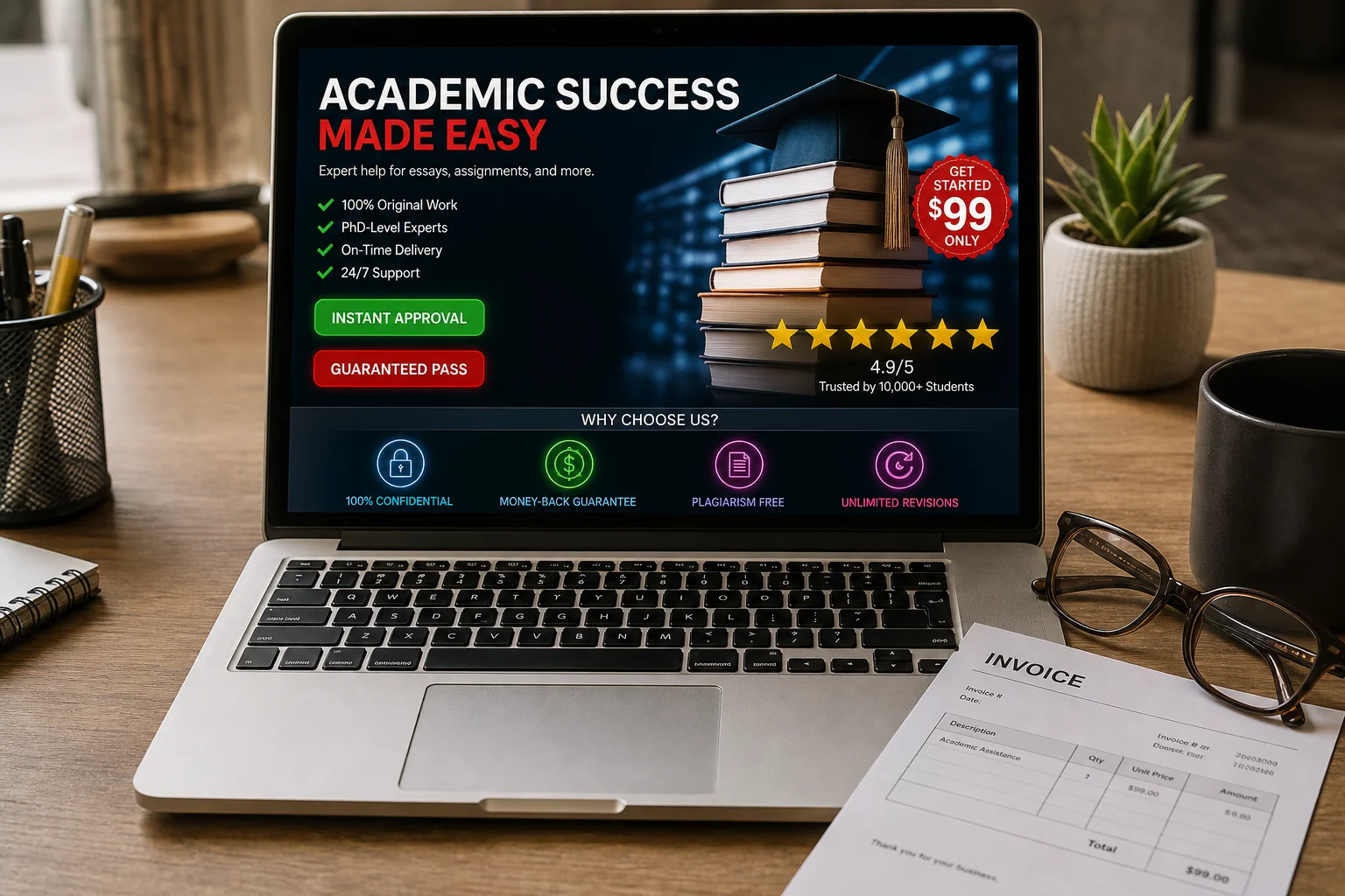 A too-perfect academic-help website open on a laptop, guaranteed-pass buttons and a ninety-nine-dollar invoice.