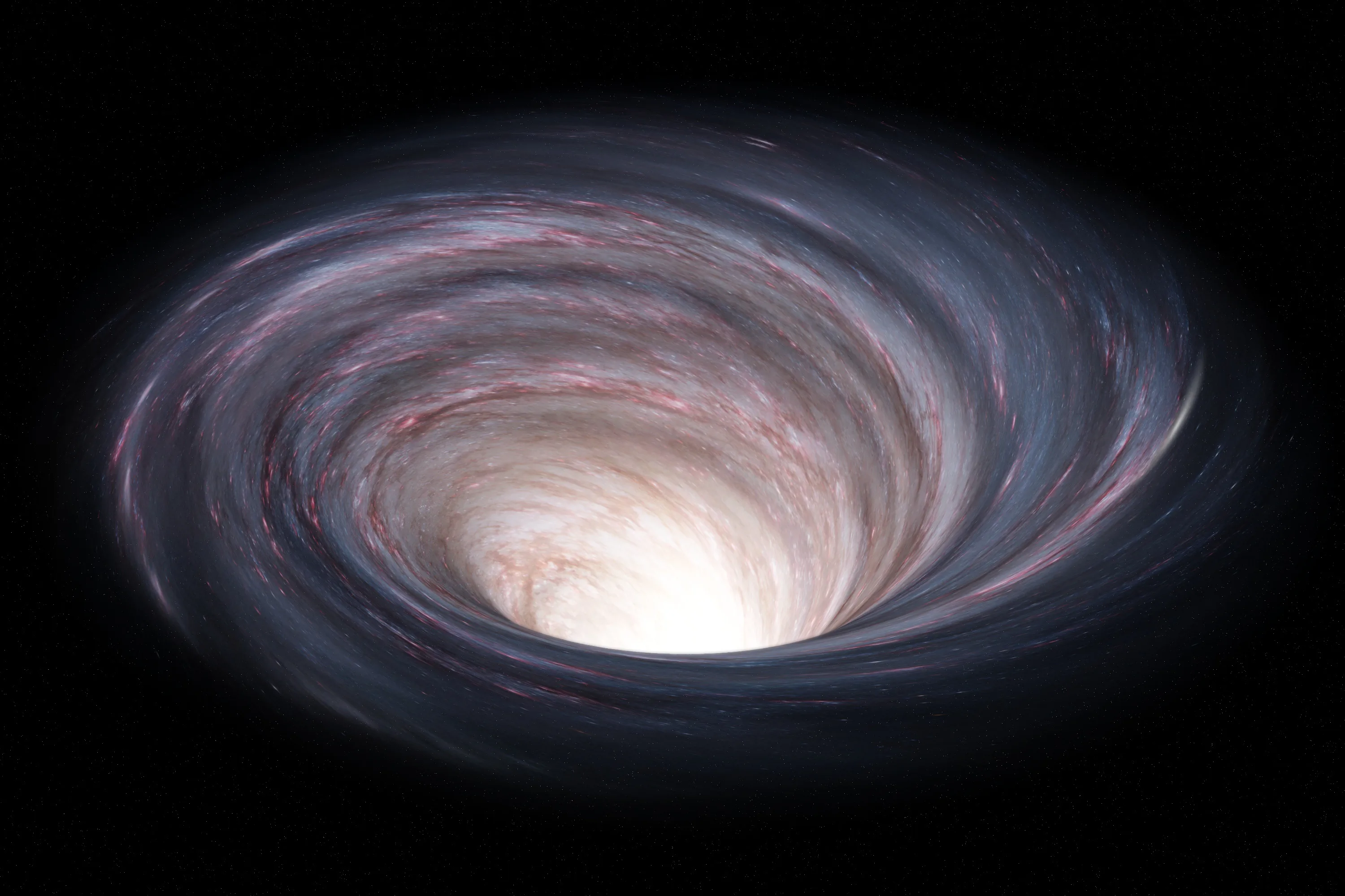 A black hole in space, its event horizon swirling around a bright center.