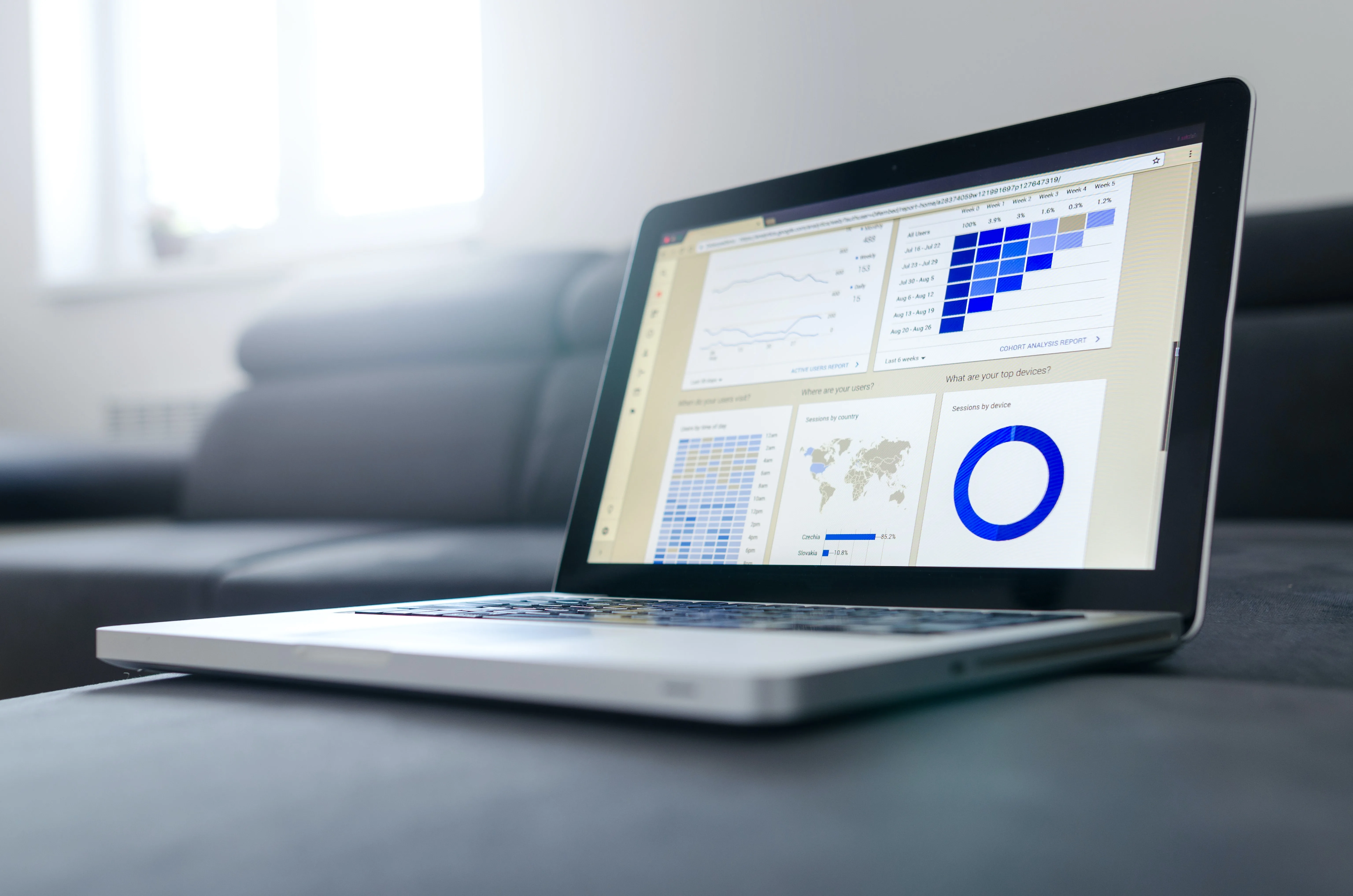 A laptop screen showing survey results as blue charts.