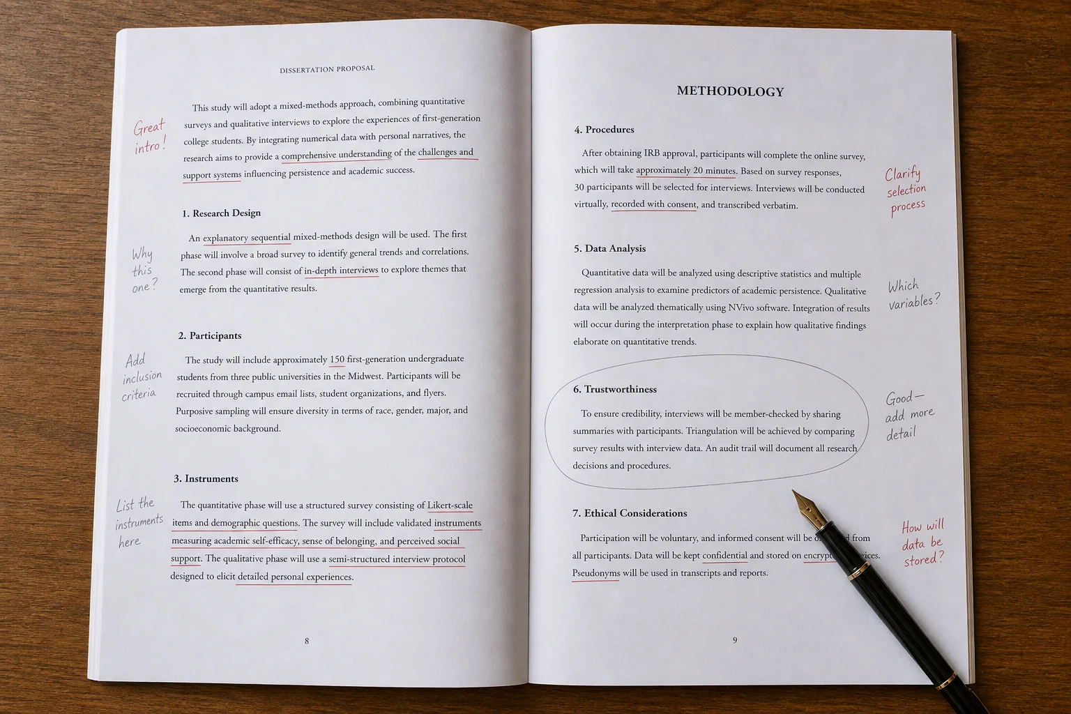 A dissertation proposal open at the methodology section, annotated in red ink.