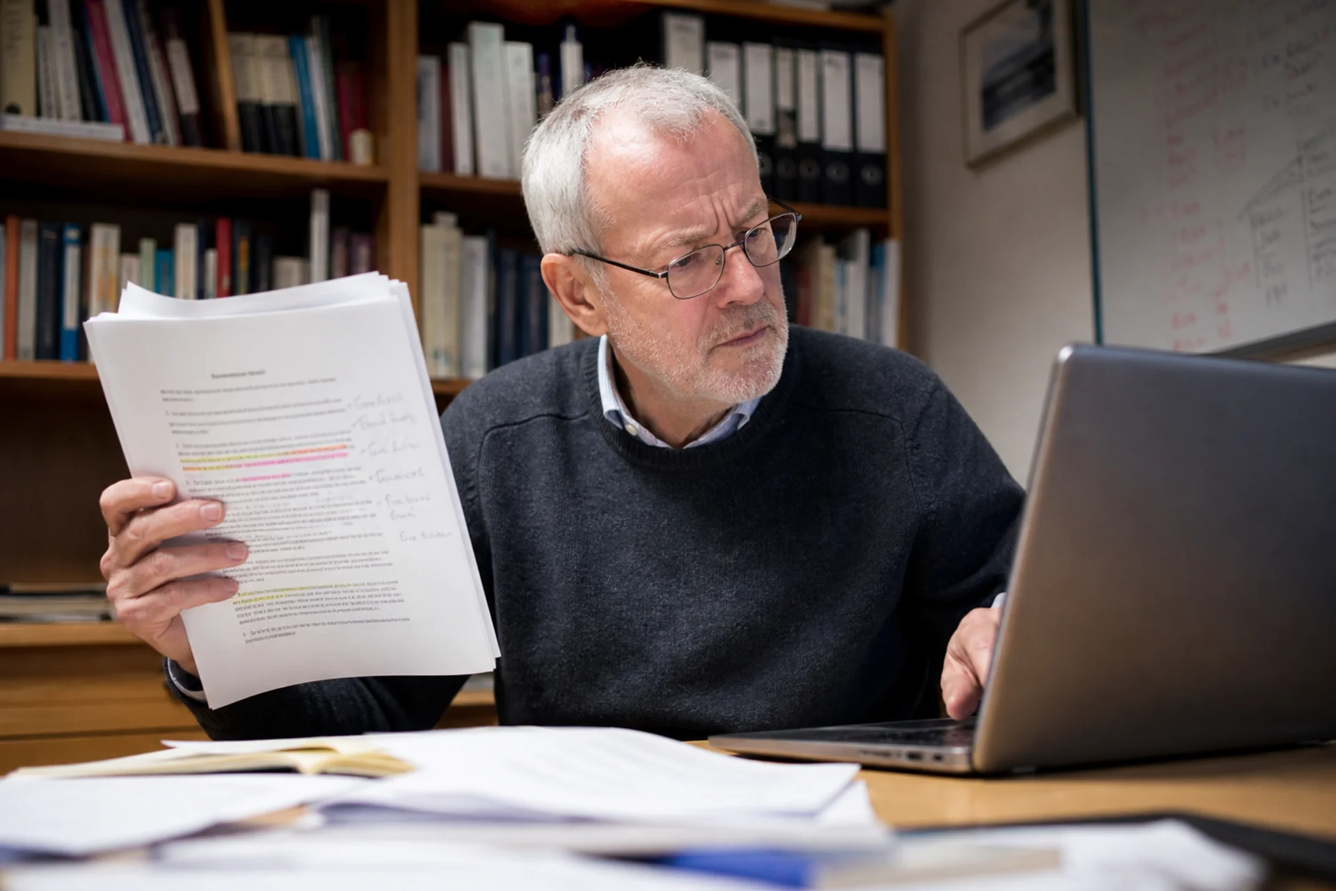 A supervisor comparing a printed chapter against a screen.