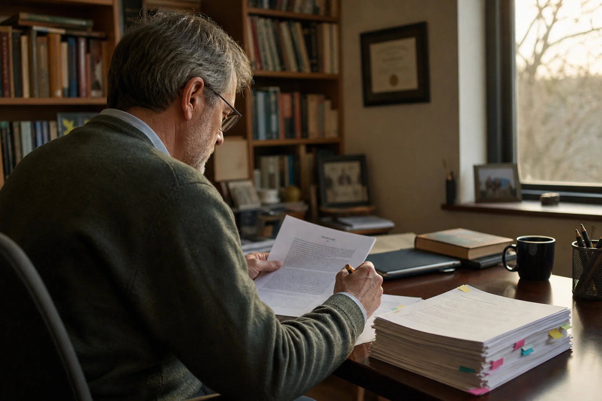 A supervisor at a desk working through a candidate's chapter.