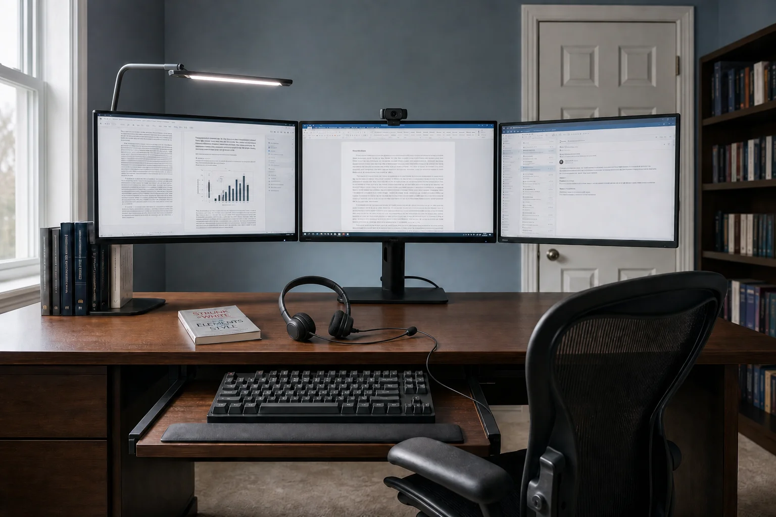 A writing desk with three monitors, a boom headset, a webcam, and Strunk and White.