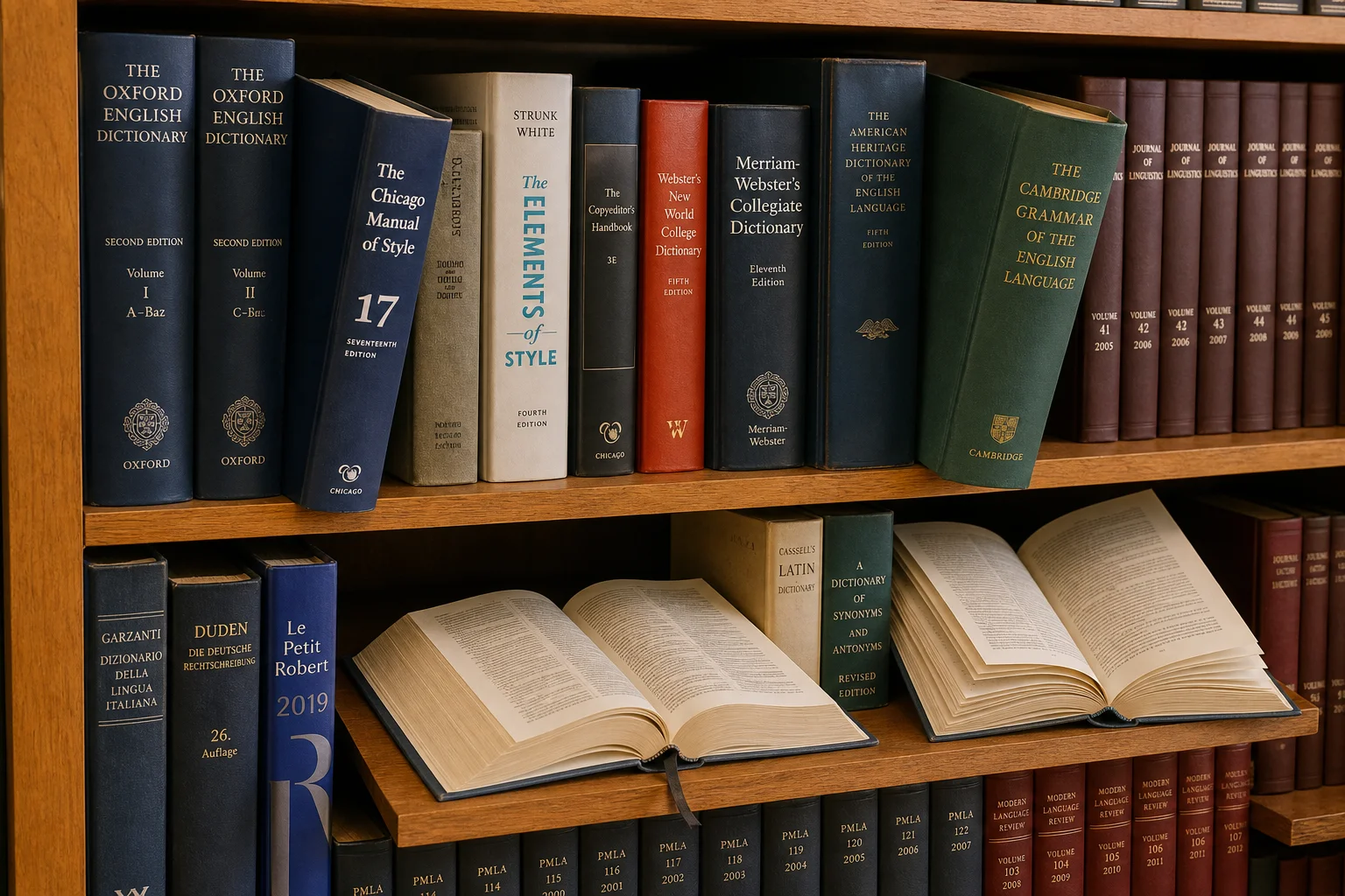 A shelf of reference works with several volumes pulled out and two books open.