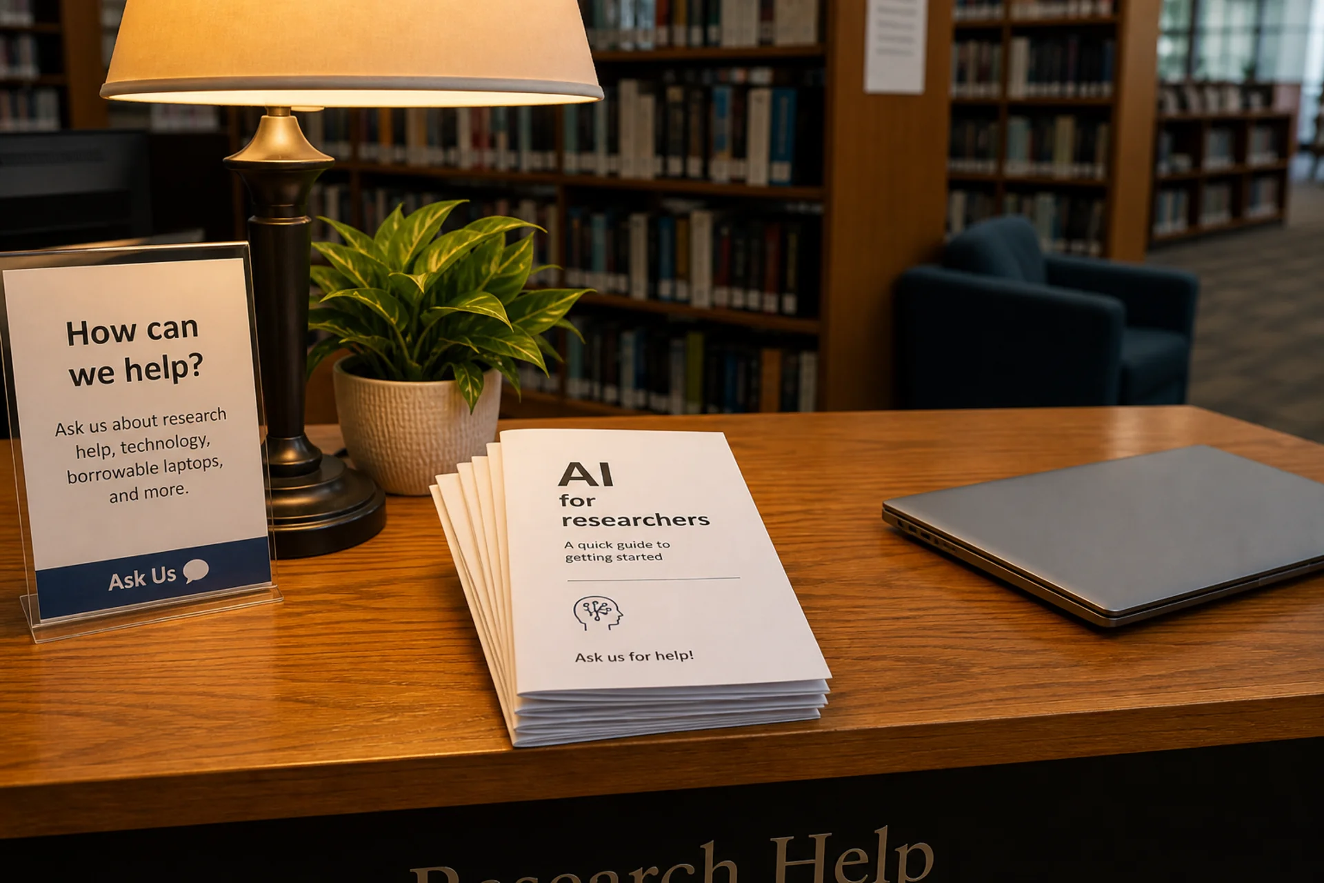 A library research-help desk with a printed AI for researchers guide ready to hand over.