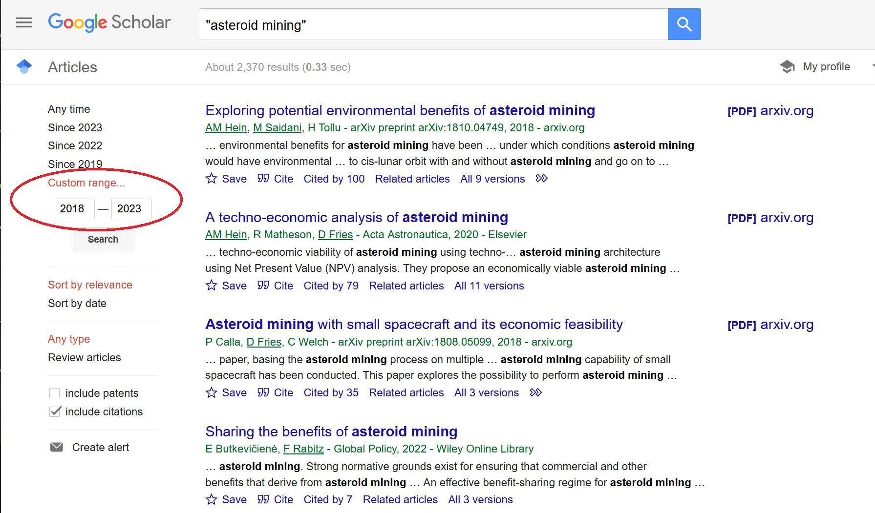 a screenshot from google scholar highlighting how to set your date range for relevant seminal research in your field