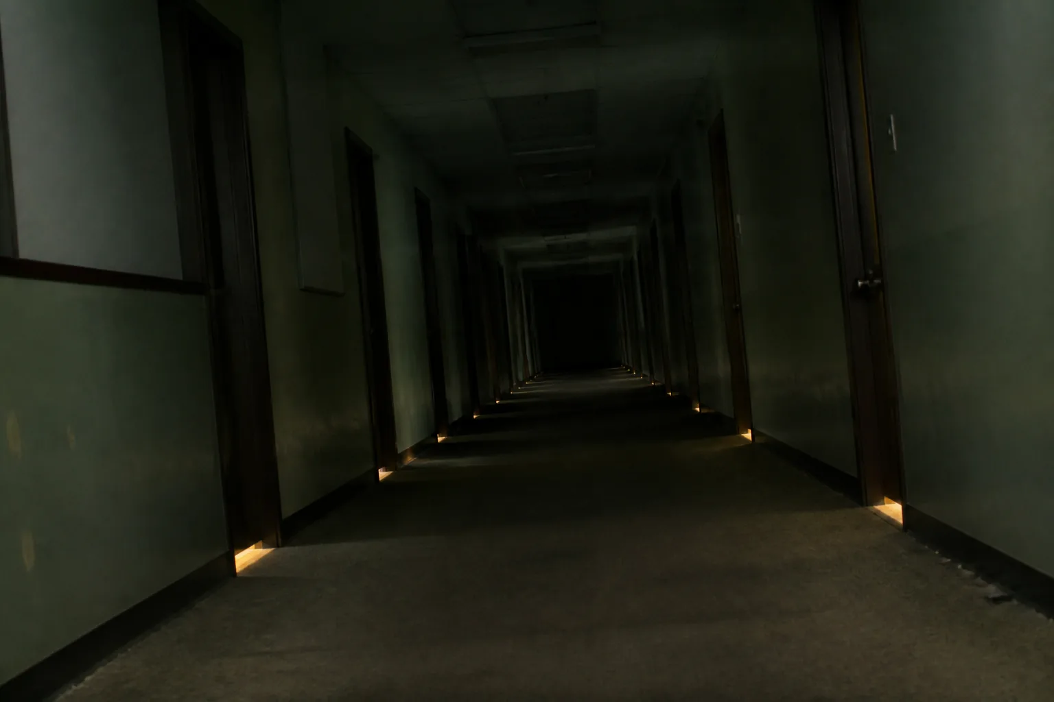 A long institutional corridor, empty and lit from above.
