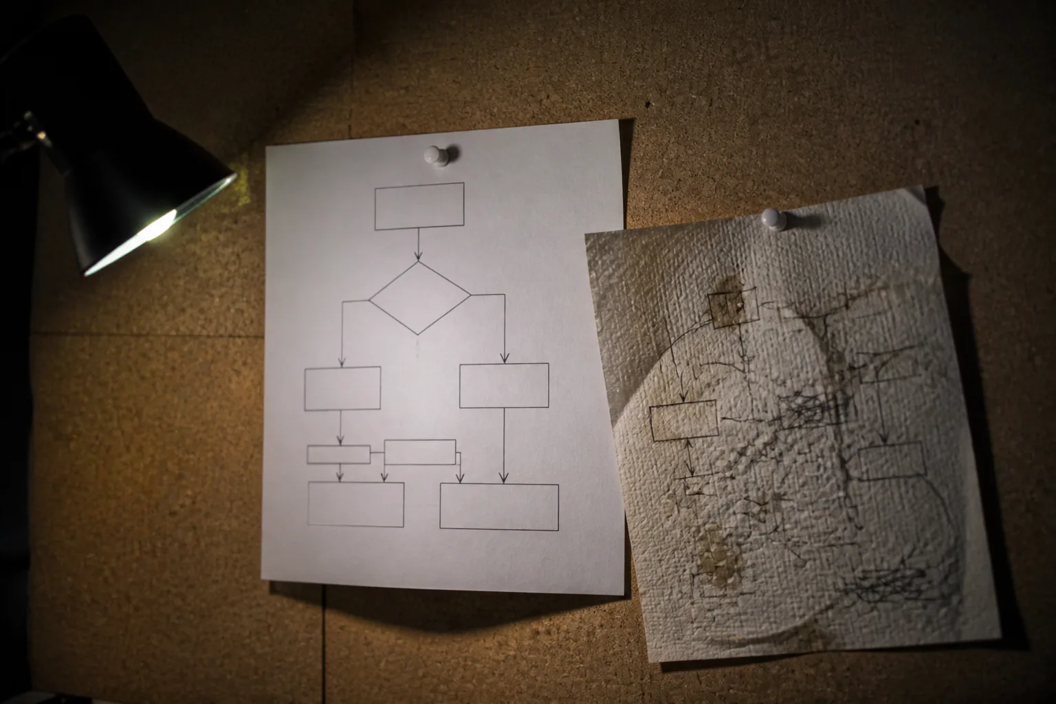 An official flowchart pinned beside a hand-drawn version of the same thing.