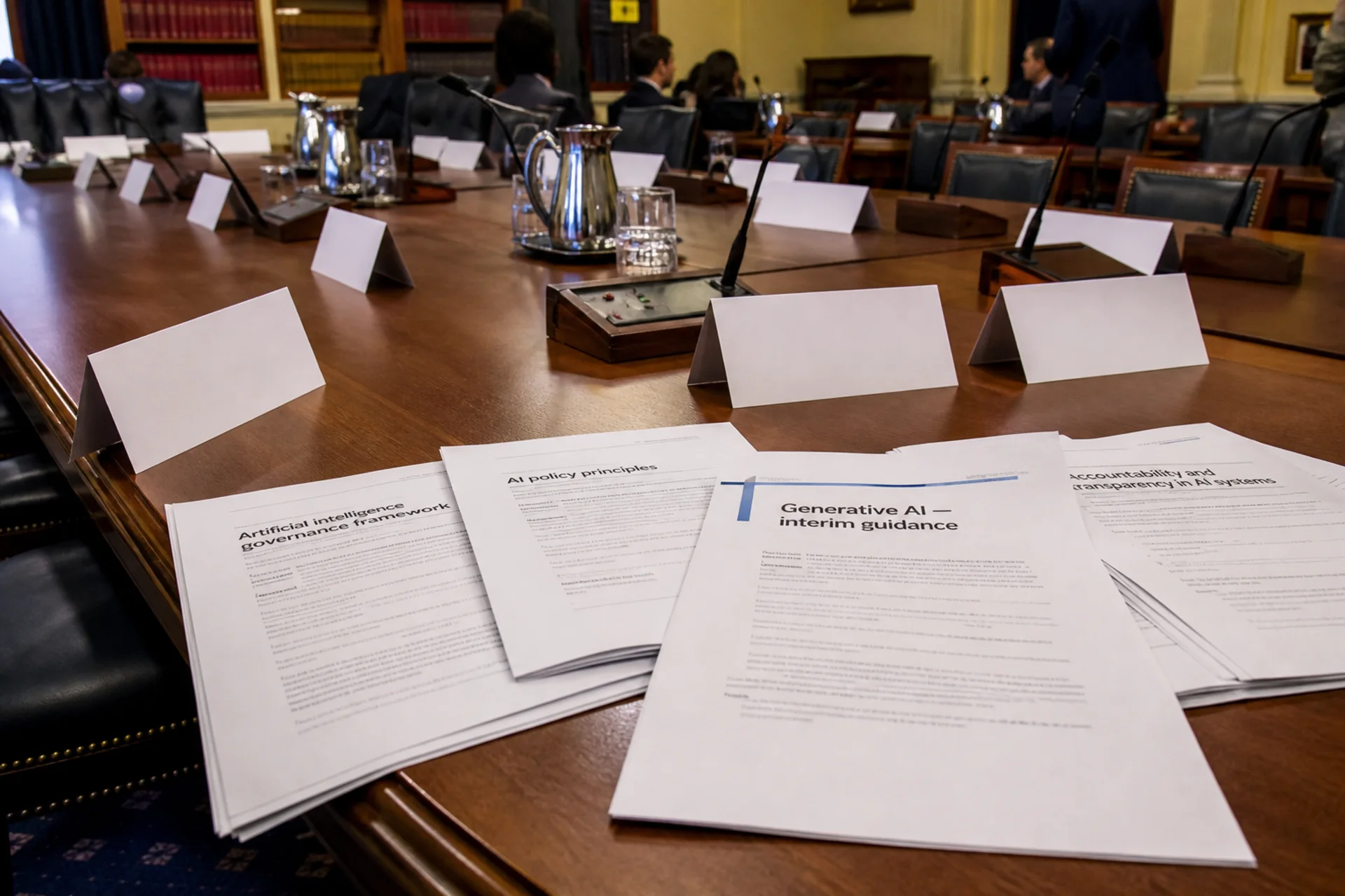 A committee table with policy drafts spread across it.