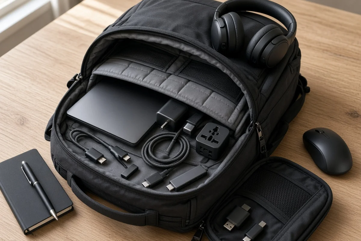 A laptop bag open on a desk with its contents laid out: cables, adapters, a charger, and a small pouch.