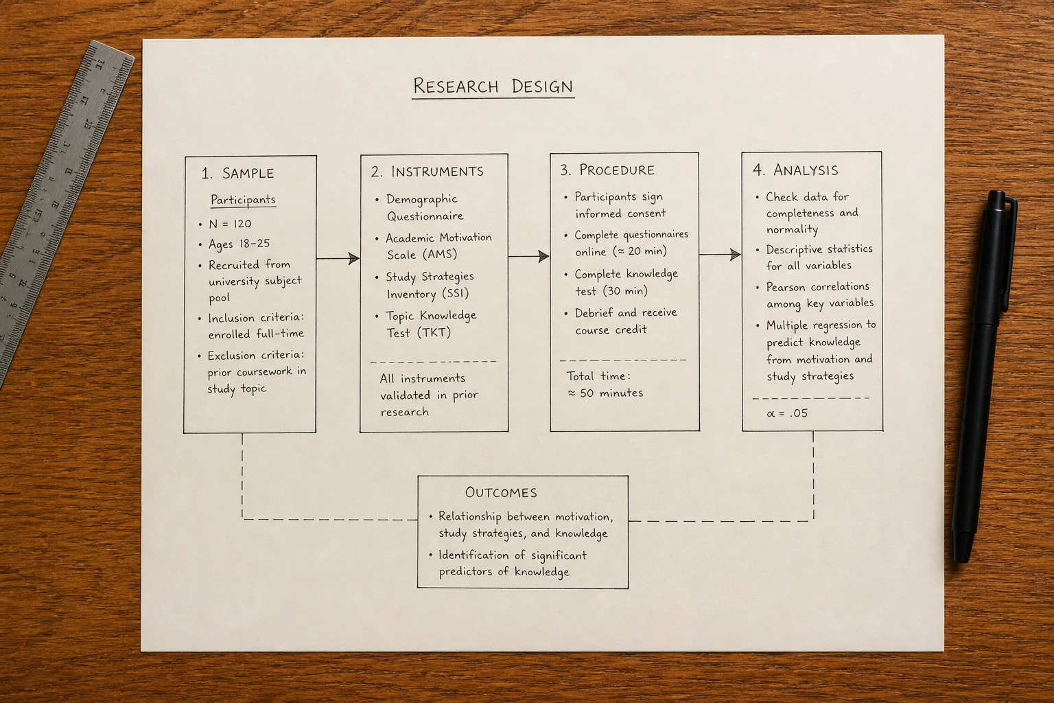 A research design sketched on paper, boxes and arrows from sample through analysis.