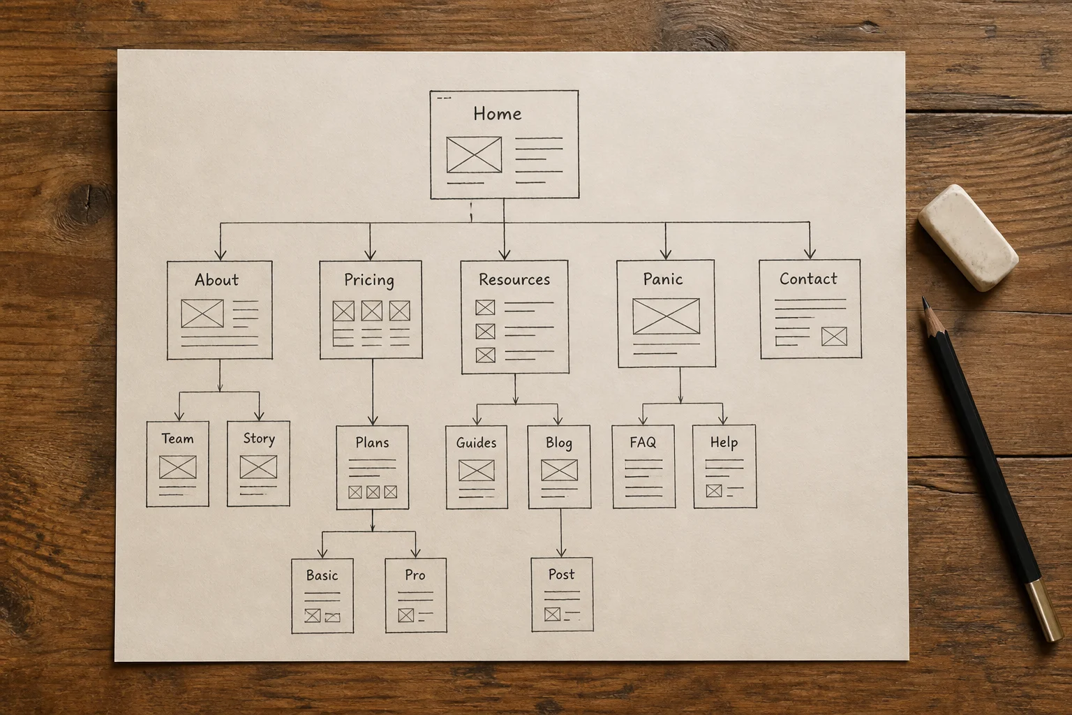 A hand-drawn map of the site's pages on a large sheet.