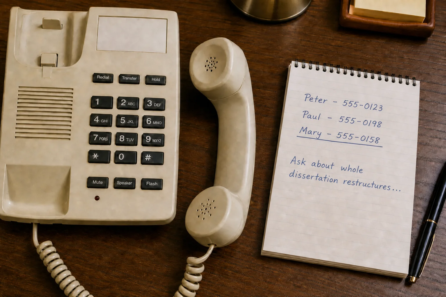 An office telephone and a notepad of names, with a handwritten note to ask about whole dissertation restructures.