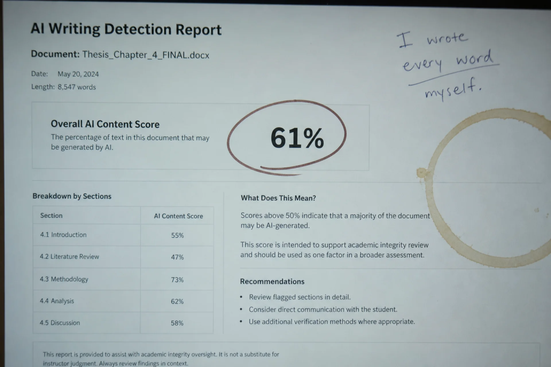 An AI detection report showing 61 percent, circled, with a handwritten note that every word was written by the candidate.