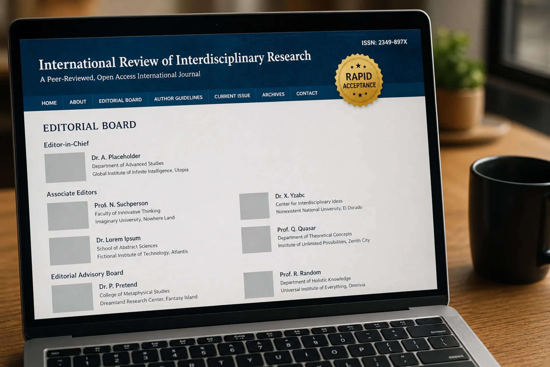 A journal editorial board page listing invented editors and a gold Rapid Acceptance seal.