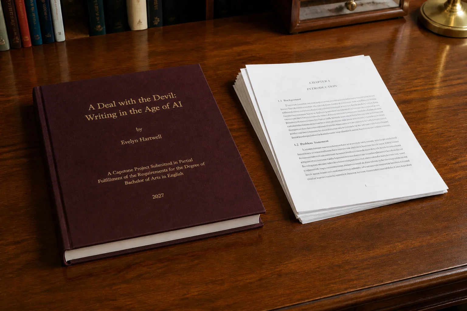 A bound capstone titled A Deal with the Devil: Writing in the Age of AI, dated 2027, lying on a desk beside unbound chapter pages.