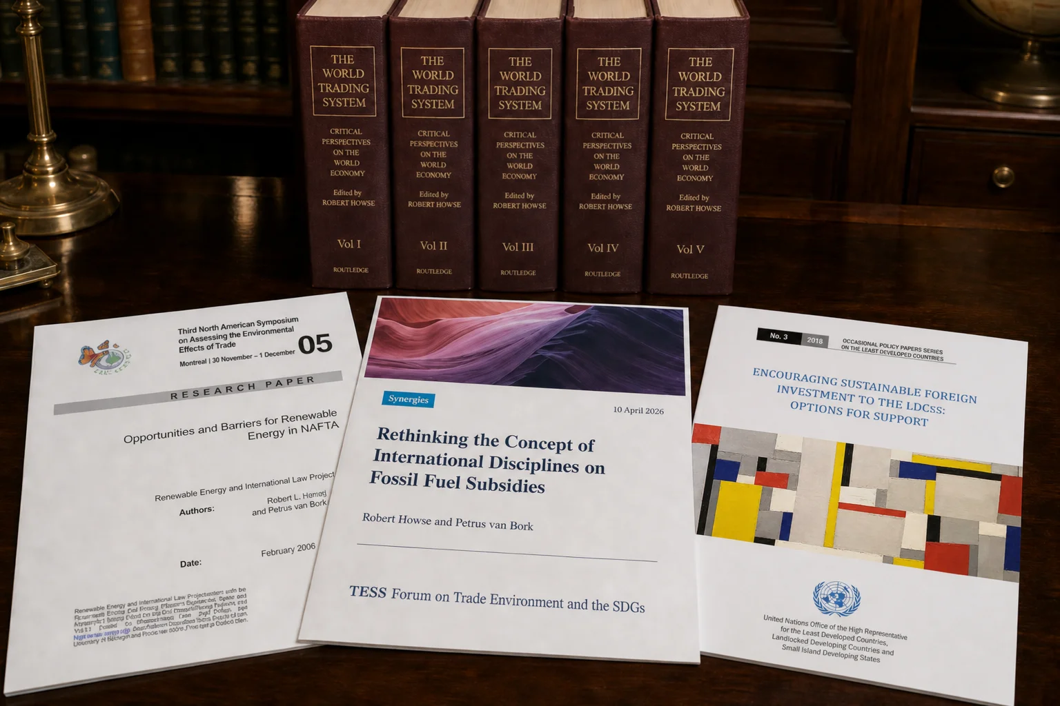Covers of four published works: a 2026 TESS paper on fossil fuel subsidy disciplines, a 2018 UN-OHRLLS report on political risk insurance, a NAFTA Commission for Environmental Cooperation research paper on renewable energy, and the five-volume Routledge set The World Trading System.