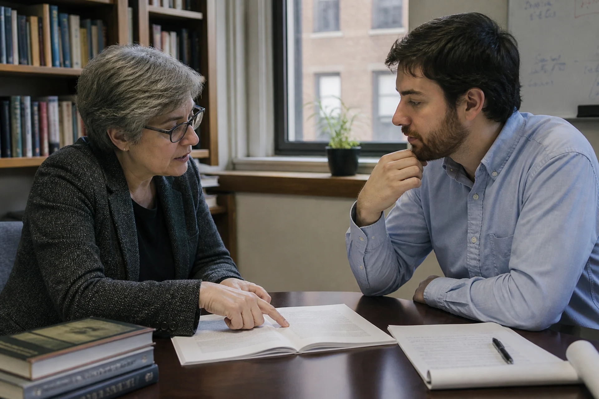A supervisor and a candidate in discussion across a desk.
