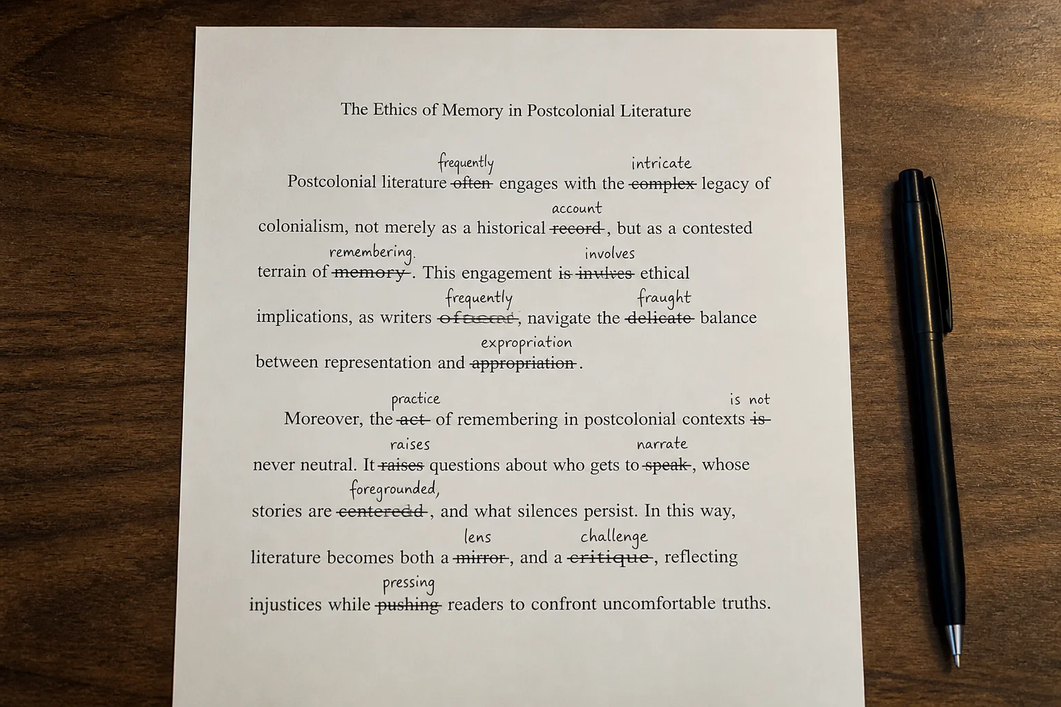 A page of prose with several phrases struck out and replaced.
