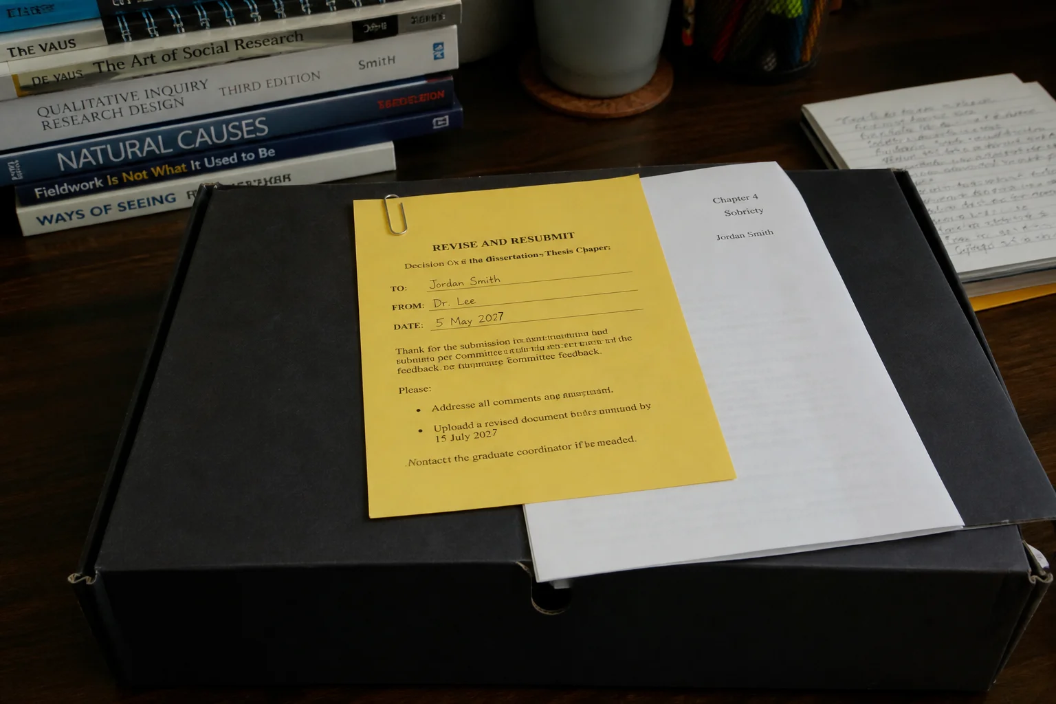 A returned chapter with a covering note clipped to it.