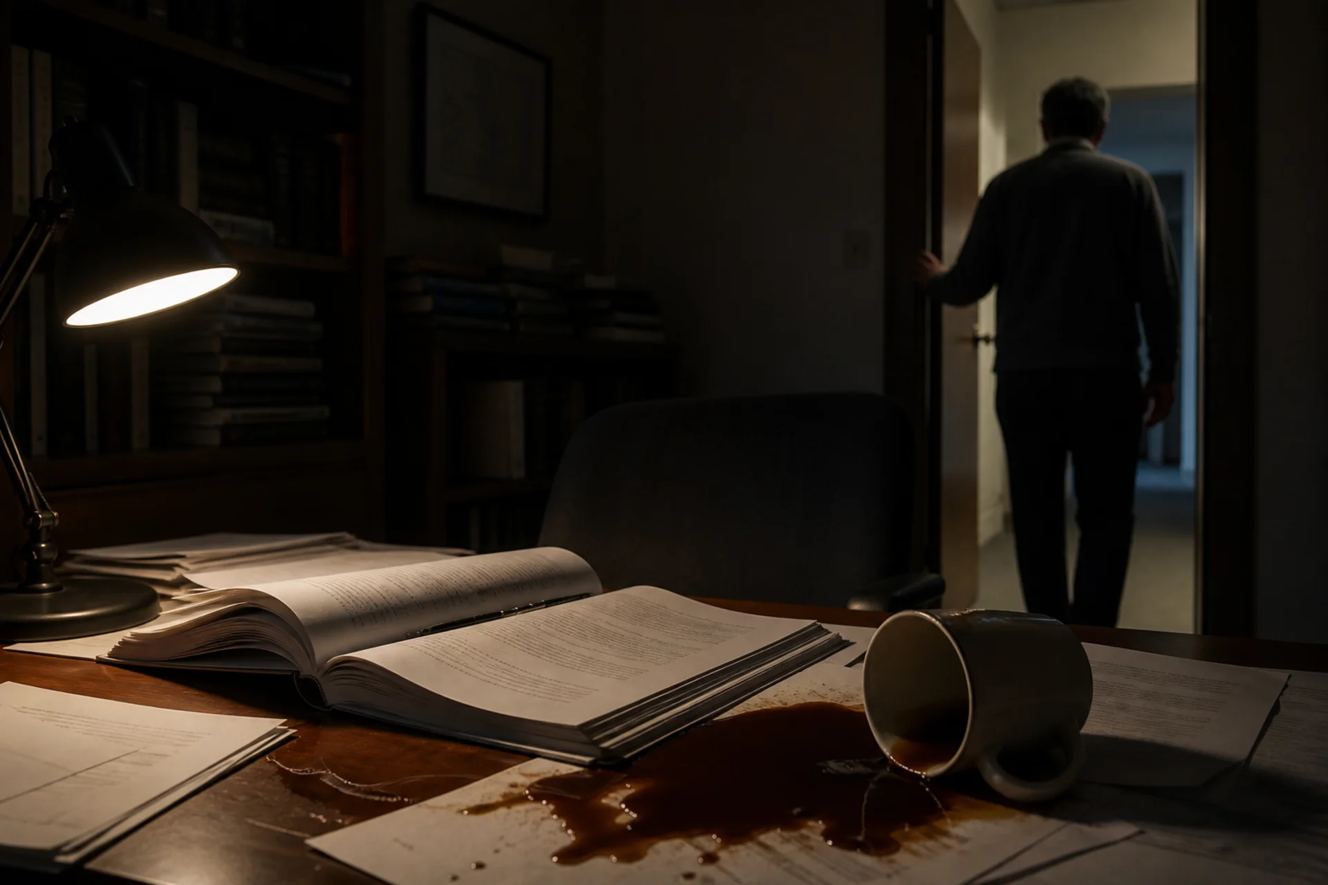 An editor leaving through the doorway; a spilled coffee cup and unfinished manuscript on the desk.